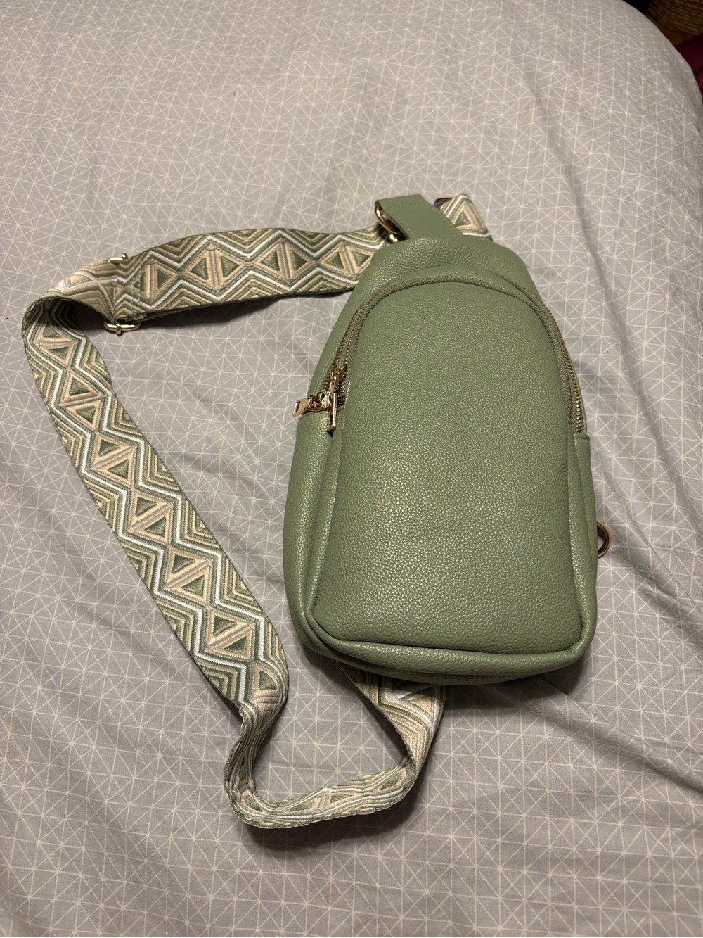 Pebbled Sage Green Crossbody Sling Bag with Patterned Strap